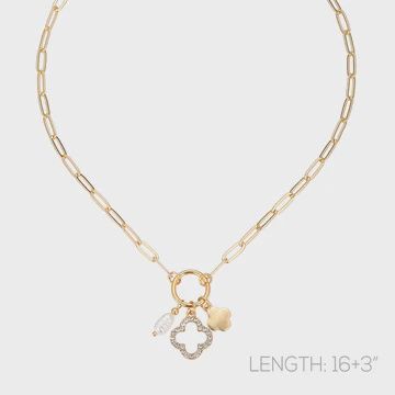 Charm Necklace Paperclip chain, ITEM: Clover/Pearl