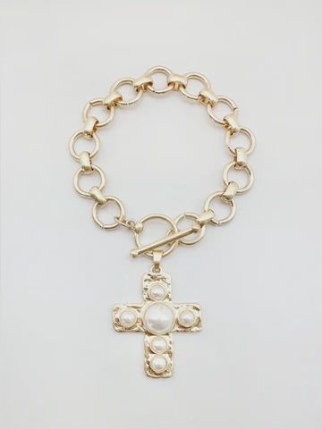Hammered Cross Pearl Bracelet