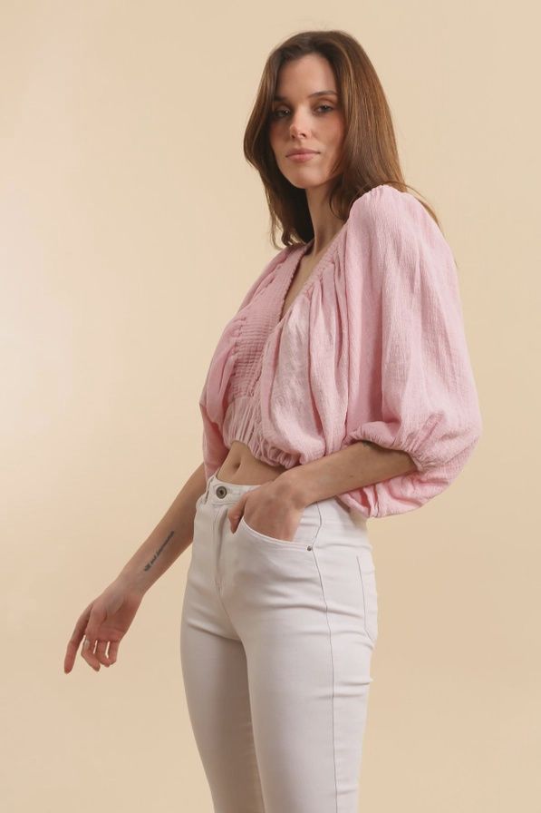 Linen Bubble Crop Top O/S, Colour: BLUSH