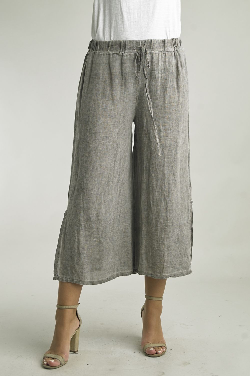 Side Slit Crop Linen Pant, Size: S, Colour: TAUPE