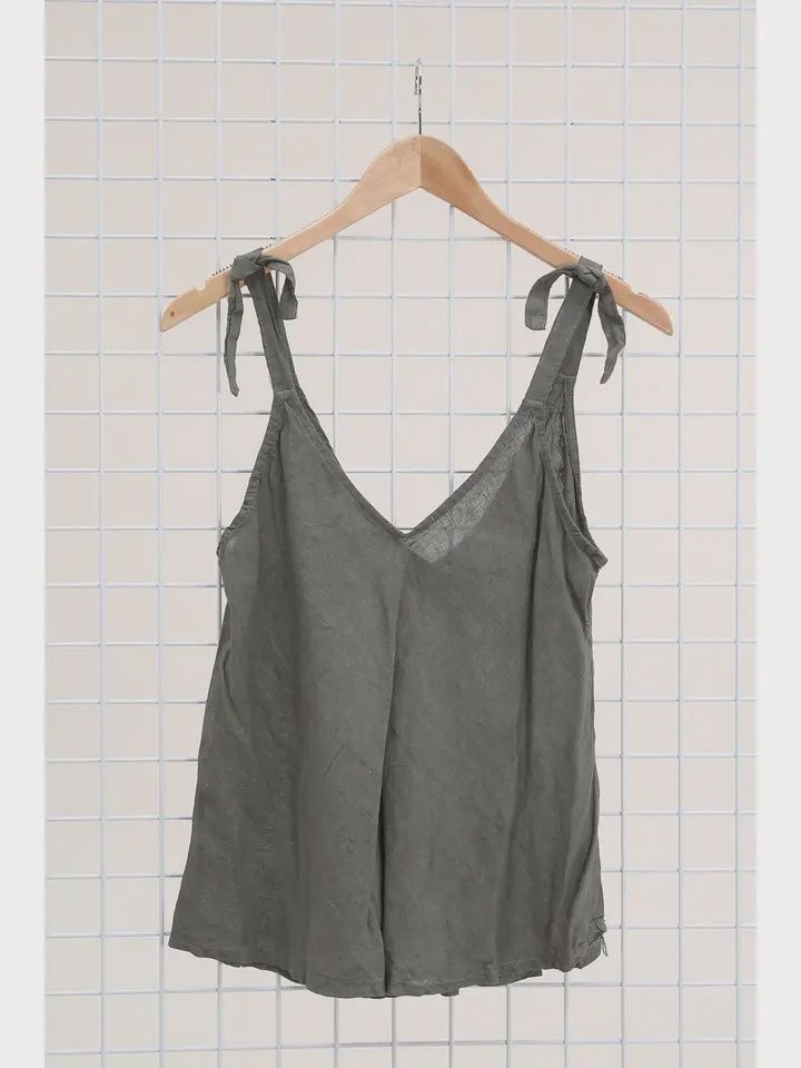 Linen Tie Tank Top O/S, Colour: MOSS