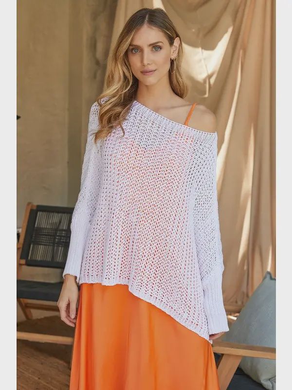 Boatneck Drop Shoulder Sweater, Colour: WHITE, Size: S/M