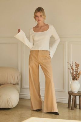 Ivory Knit Square Neck LS Top