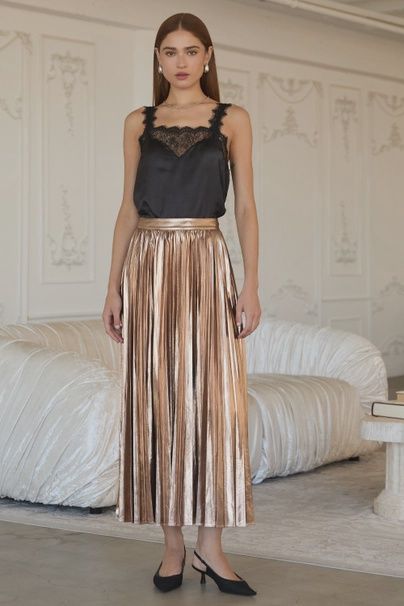 Copper Pleated Metallic Maxi Skirt, Size: XS