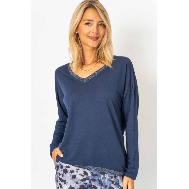 VN LS Glimmer Edge Top  O/S, Colour: DENIM