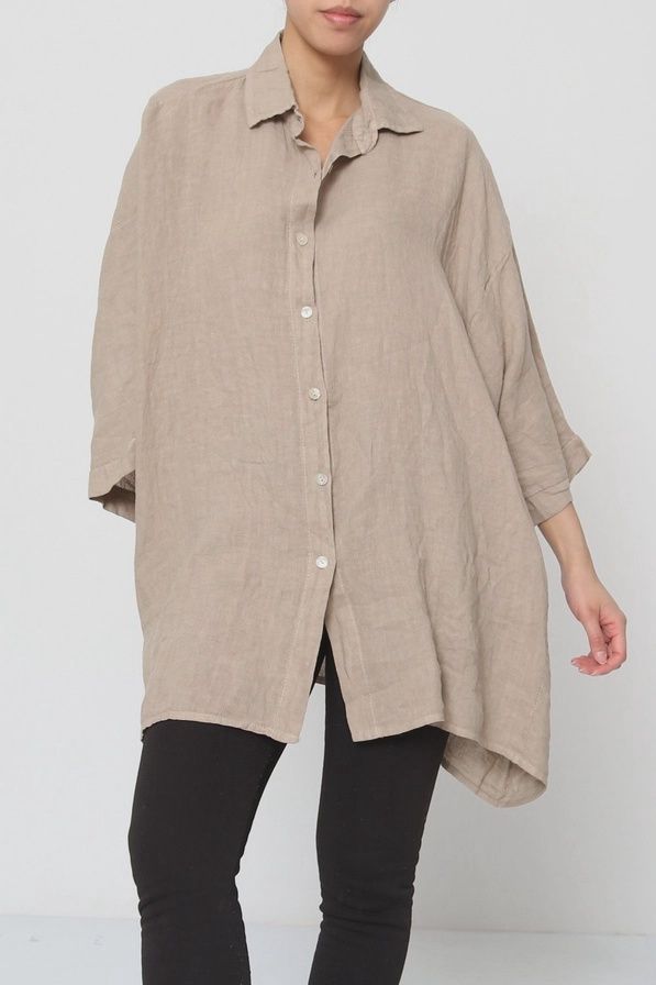 PLUS LINEN BUTTON TOP O/S, Colour: TAUPE