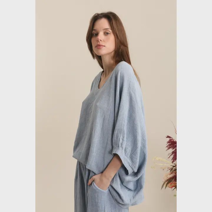 Slouchy Linen Cotton Top O/S, Colour: LT DENIM