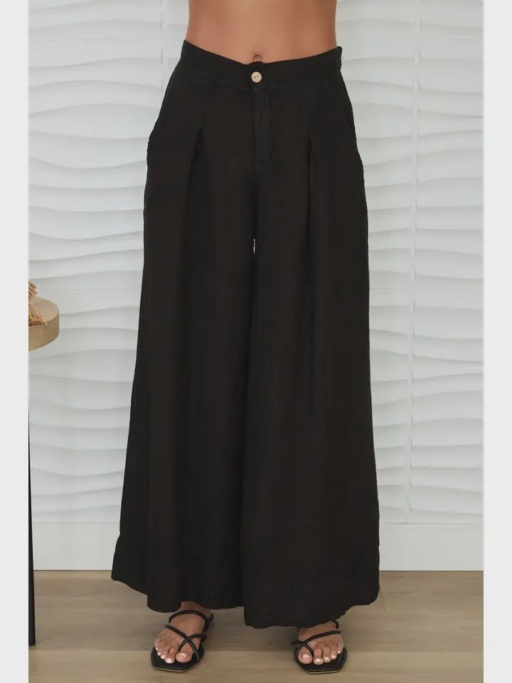 Aza Linen Pleated Pant, Colour: BLACK, Size: XS