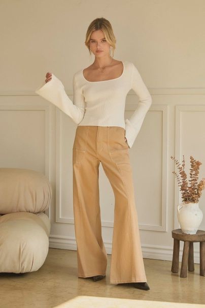 Ivory Knit Square Neck LS Top, Size: XS
