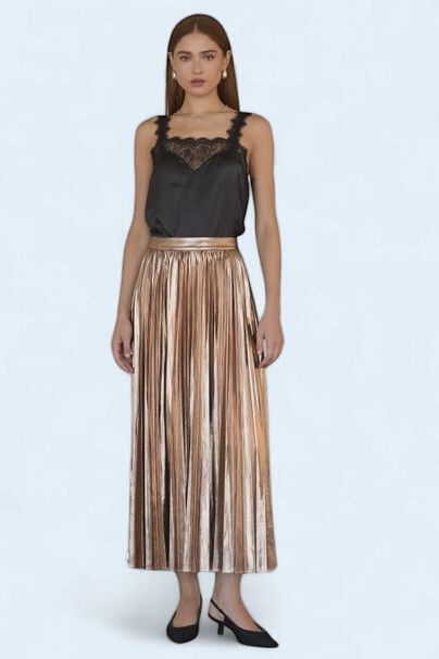 Copper Pleated Metallic Maxi Skirt
