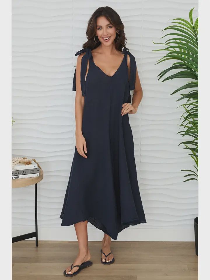 Linen Tie Shoulder Jumpsuit, Size: XS