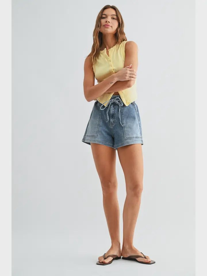 Tie Waist Denim Short, Colour: MD DENIM, Size: XS