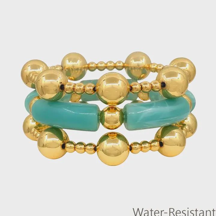14MM Gold Bead &amp; Mint Tubes Bracelet Set 3