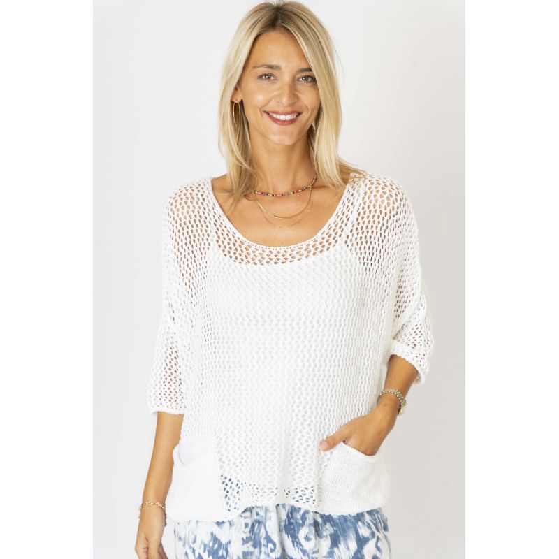 Open Crochet Sweater w Pockets OS, Colour: WHITE