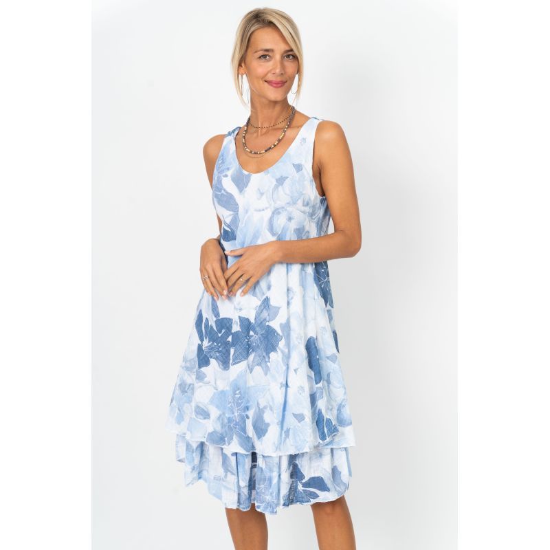 Flower Print Dress 3909, Colour: WHITE/BLU, Size: S/M