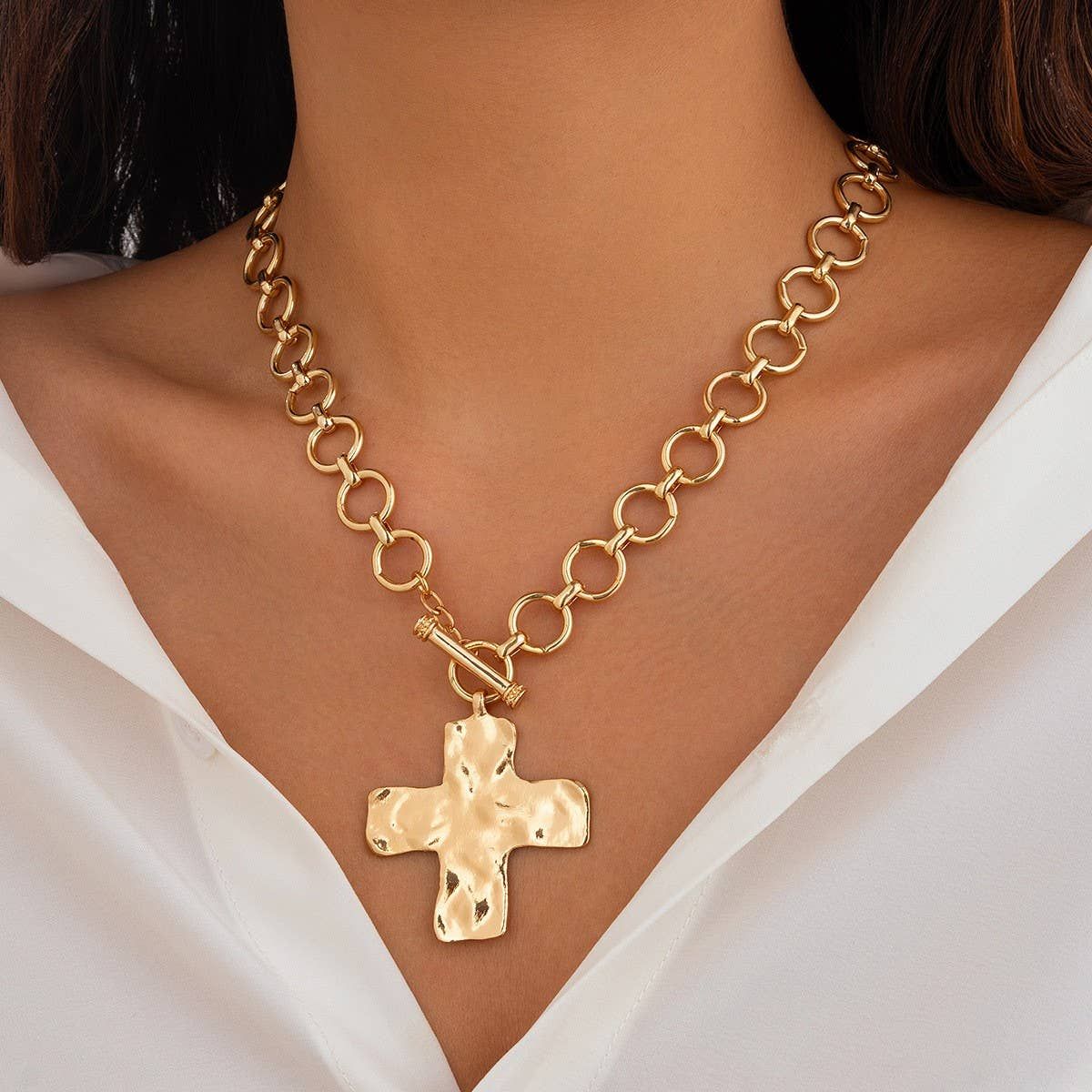 Large Hammered Cross Necklace