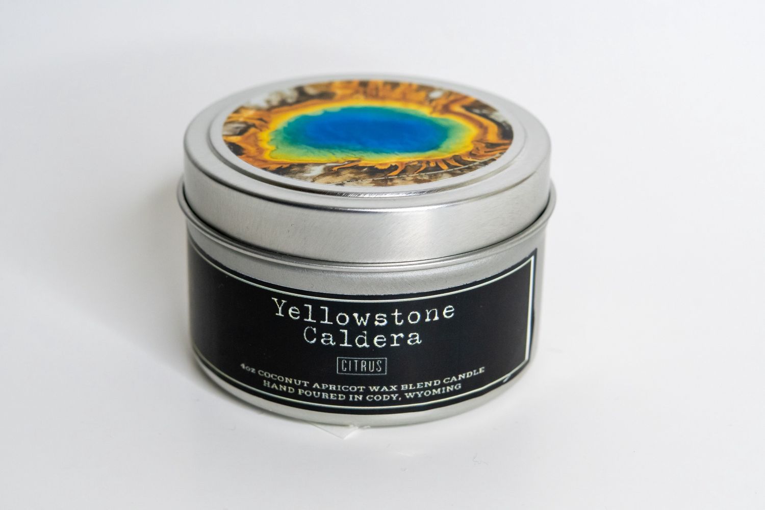Wyoming-Scented Candles, Size: 4oz (Small Tin), Scent: Yellowstone Caldera (citrus)