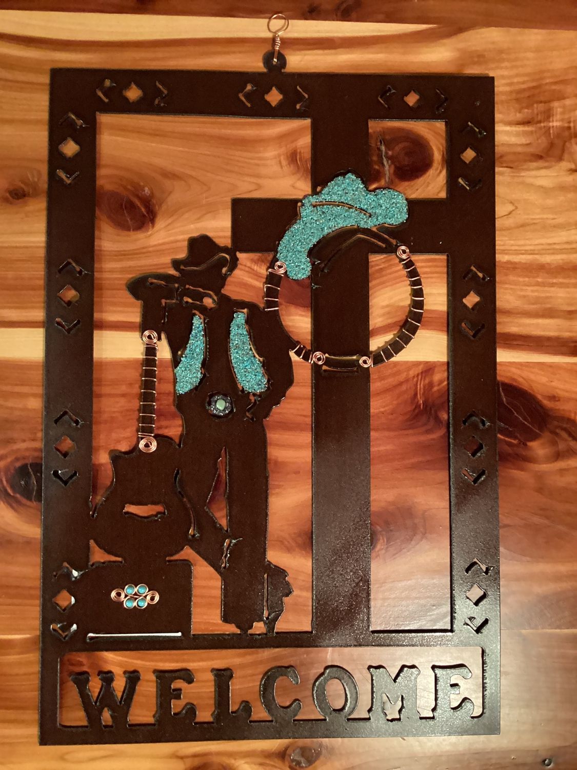 Copper Wire Wall Art, Style: Cowboy Guitar Welcome