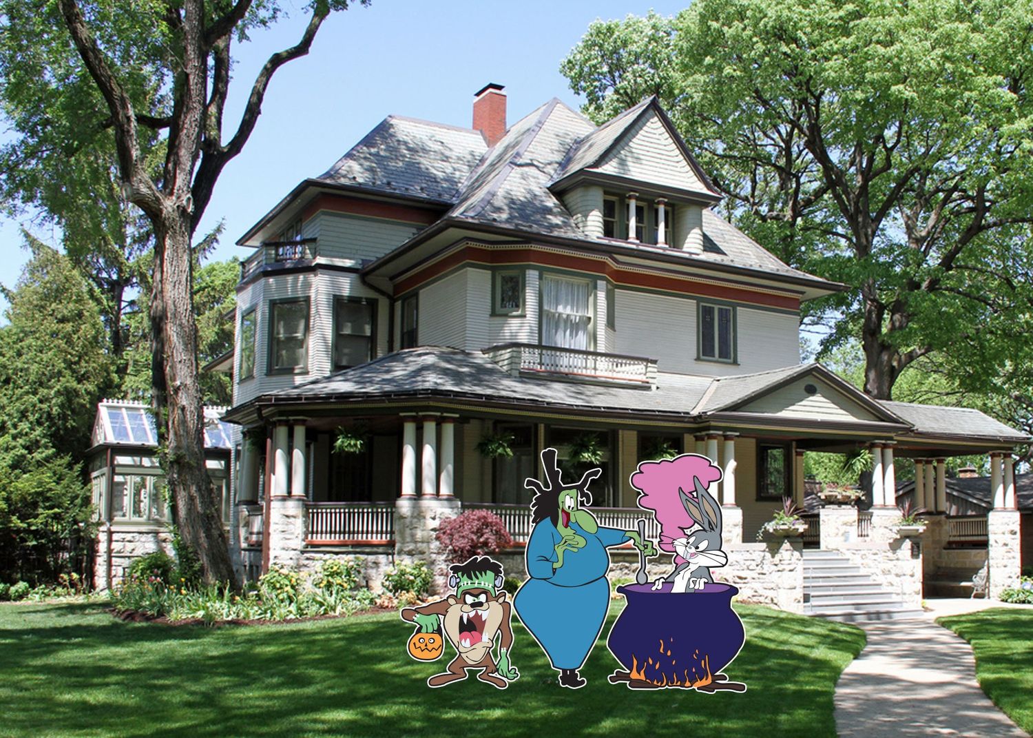 Looney Tunes Bugs Bunny in Cauldron Stew with witch and Frankenstein Tasmanian Devil Yard Sign