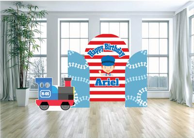 Train &amp; Conductor Themed Birthday Arch Backdrop