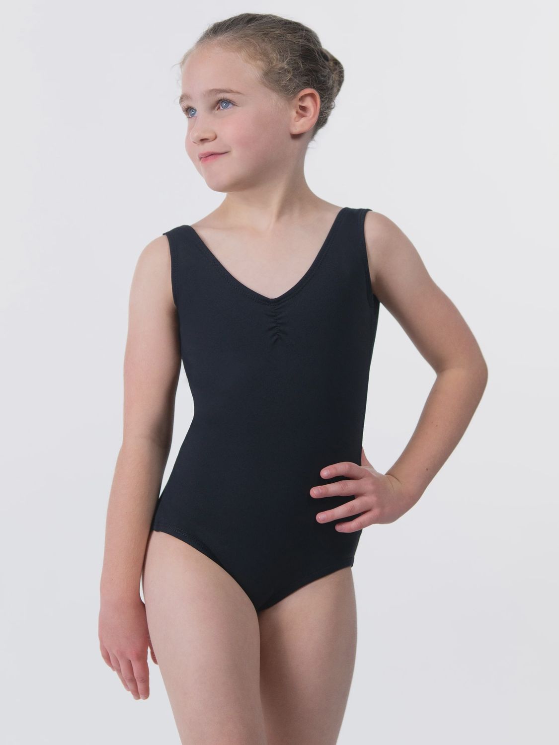 Suffolk: Pinch Front Tank Leotard with Mesh &#39;V&#39; Back - Child, Color: Black, Size: Medium Child