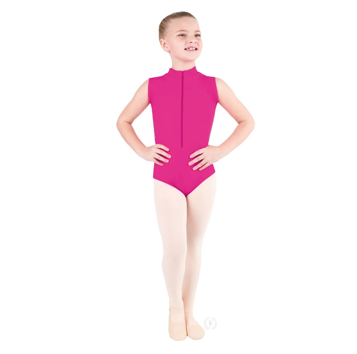 Eurotard: Full Back Zipper Front Mock Neck Leo - Youth, Color: Fuchsia, Size: Youth Intermediate