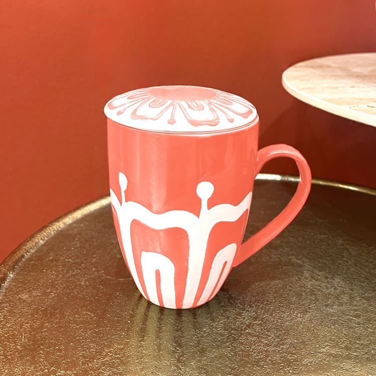 Teebecher mit Sieb &amp; Deckel „Sunrise Koralle“