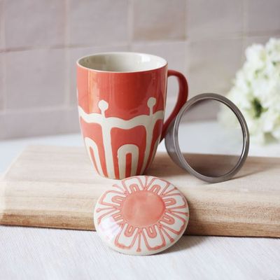 Teebecher mit Sieb &amp; Deckel „Sunrise Koralle“
