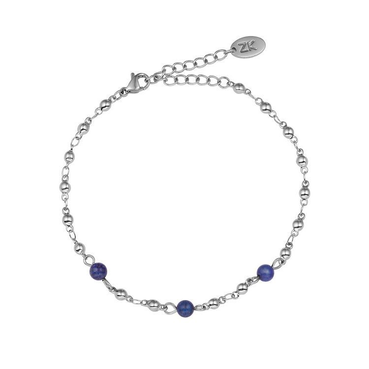 Bracelet chaine, 3 perles lapis lazuli, argenté