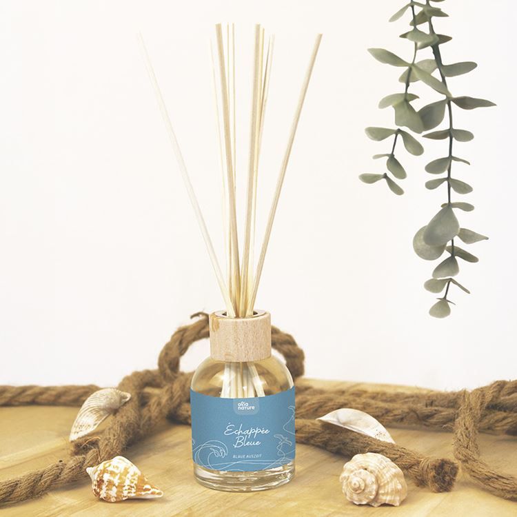 Diffusor mit Rattan-Stäbchen – Blaue Auszeit (nachfüllbar)