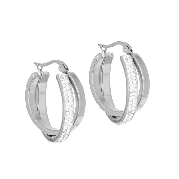 Boucles créoles COGNAC, 2 anneaux strass, argenté