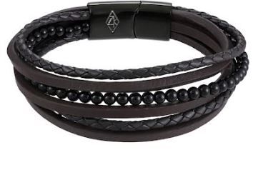 Bracelet 6 rangs, cuir brun et Onyx, 21 cm