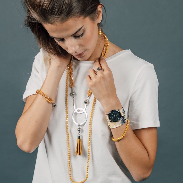 Bracelet en satin feuillage noir/jaune