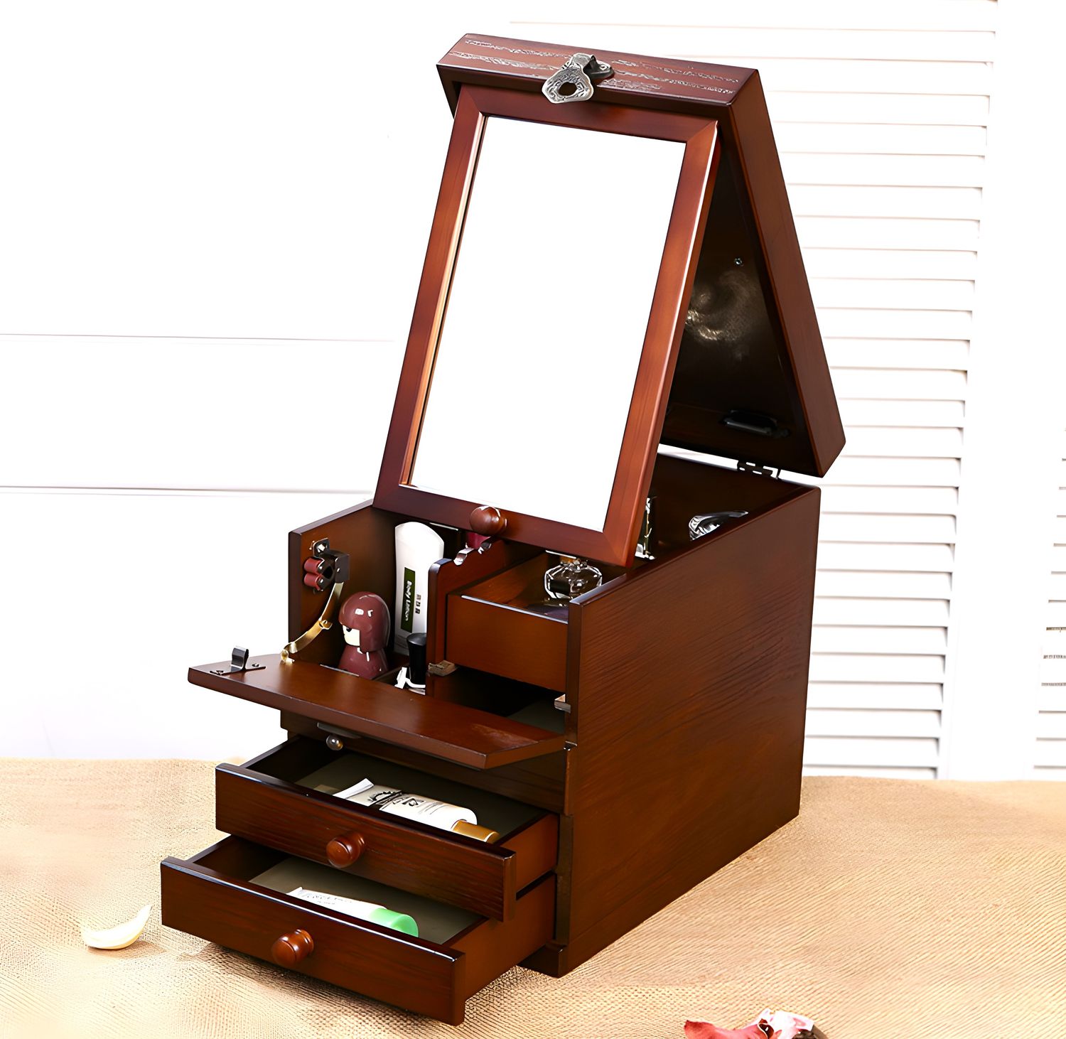 Vintage Antique Make-up Dressing table Organizer Cosmetic Box Wooden With Mirror
