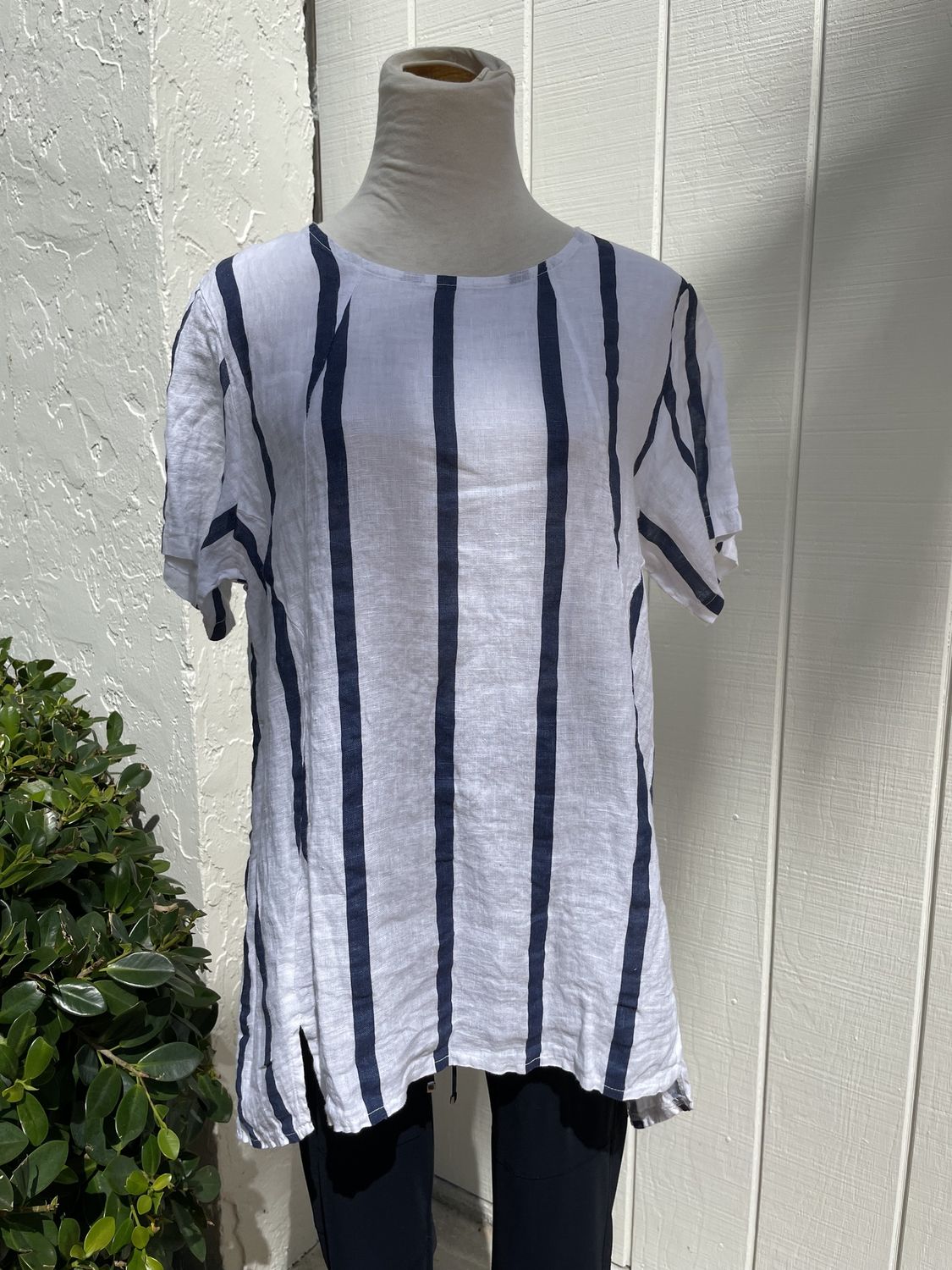 Short Sleeve Linen Striped Top- One Size