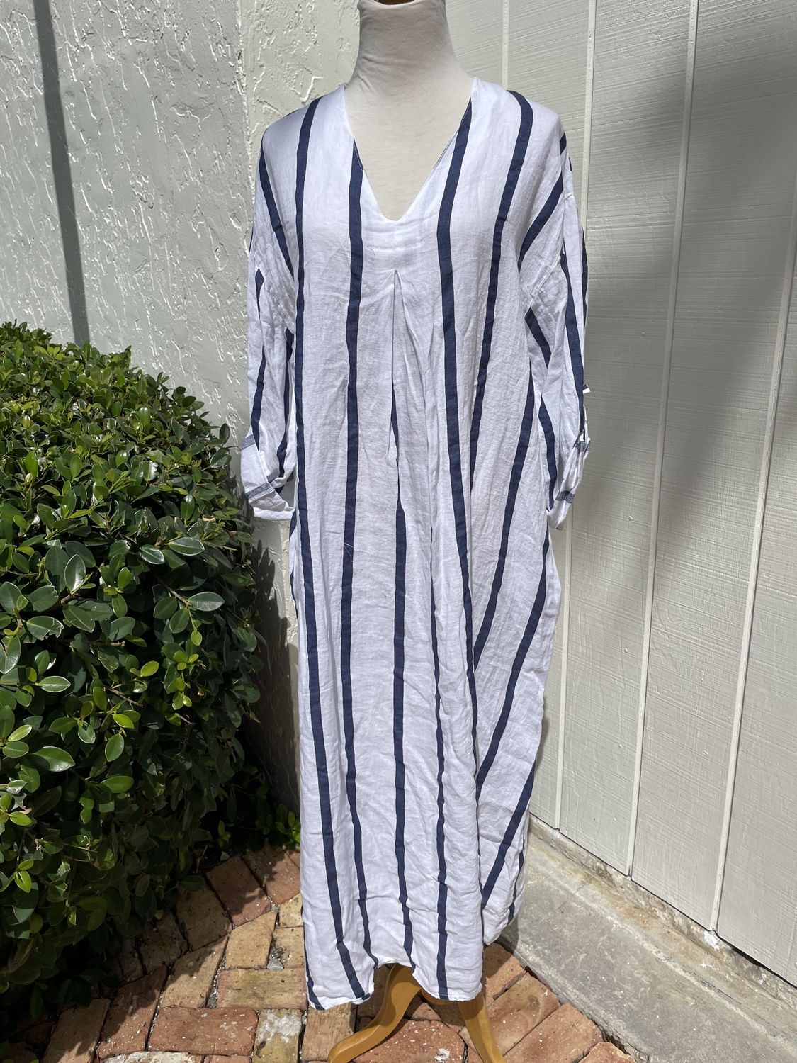 V Neck Striped Long Linen Dress- One Size