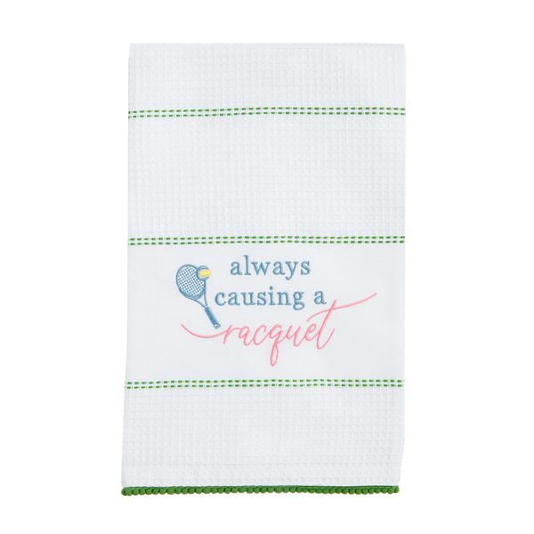 &quot;Always Causing A Racquet&quot; Embroidered Waffle Kitchen Towel