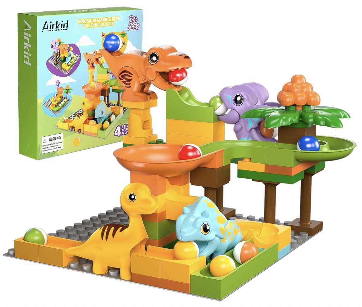 Airkid Marble Runs for Kids 4-8,Marble Run for Kids Ages 3-5 with Dinosaur Building Blocks,Marble Maze Game Toy Set,Dinosaur Toys,STEM Building Toys with 4 Marble Track Compatible with Major Brands