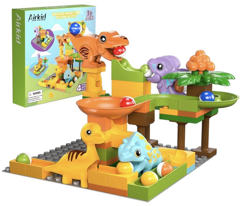 Airkid Marble Runs for Kids 4-8,Marble Run for Kids Ages 3-5 with Dinosaur Building Blocks,Marble Maze Game Toy Set,Dinosaur Toys,STEM Building Toys with 4 Marble Track Compatible with Major Brands