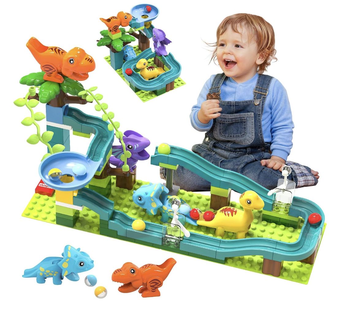 Exclusive Dinosaur Marble Run Compatible Building Blocks with Pendulum Hammer Track Race, Building Brick Maze Ball Game, STEM Educational Learning Toy Super Gift for Boys Girls