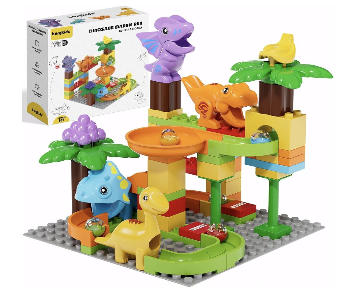 Kid Marble Run Building Blocks Dinosaur, Montessori Learning STEM Toy Bricks Maze Puzzle Set Race Track Compatible with Major Brands for Age 3 4 5 6 7 8+ Boys Girls Gift 67PCS