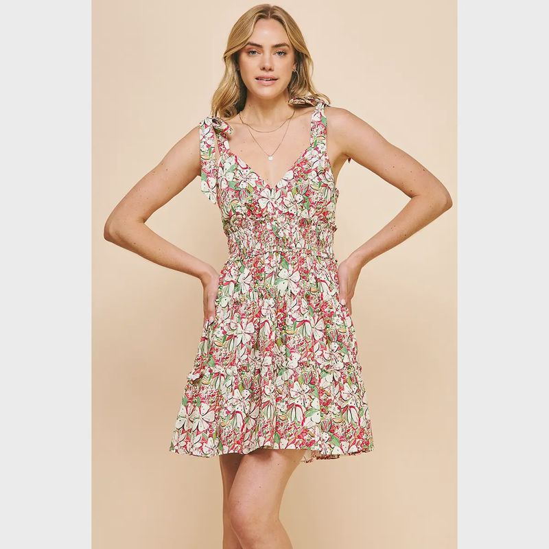 FLORAL PRINT SLEEVELESS MINI DRESS - RED MULTI