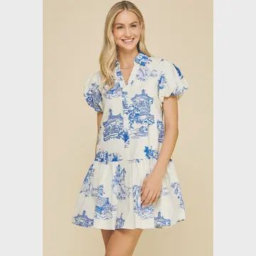 PRINT BALLOON SLEEVE MINI DRESS - 6033D