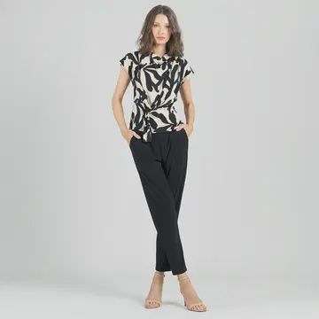 T293P22 - Leaf Print Soft Knit Drape Neck Top