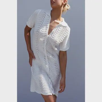 Crochet Style Collared Neckline Flowy Midi Dress