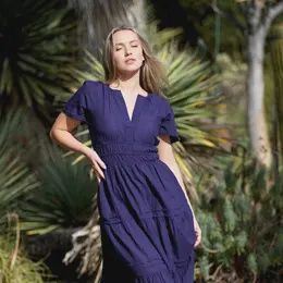 Suri Solid Smocked Waist Maxi Dress Navy