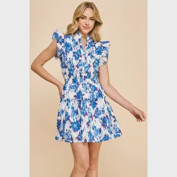 Pleated Ruffle Mini Dress - Blue