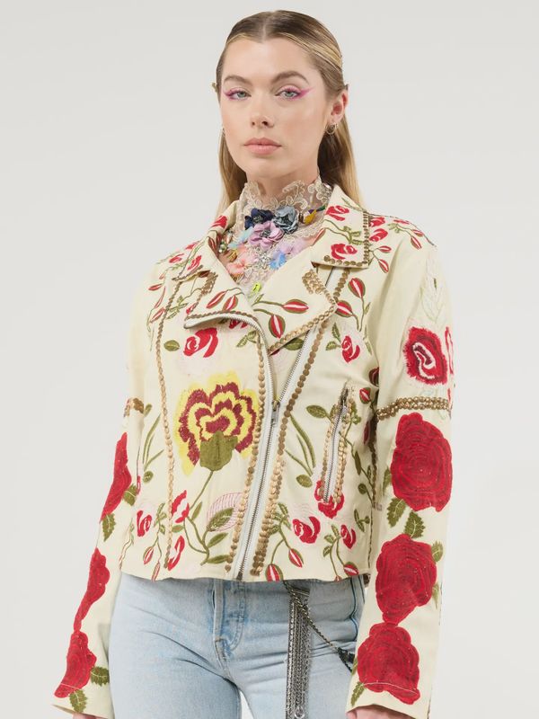 Carmen Embroidered Denim Motorcycle Jacket