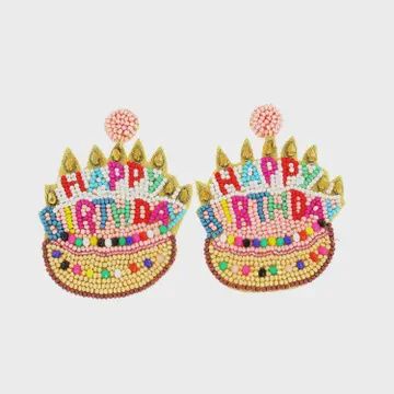 Beaded &amp; Jeweled &quot;Happy Birthday&quot; Cake Dangle Earrings