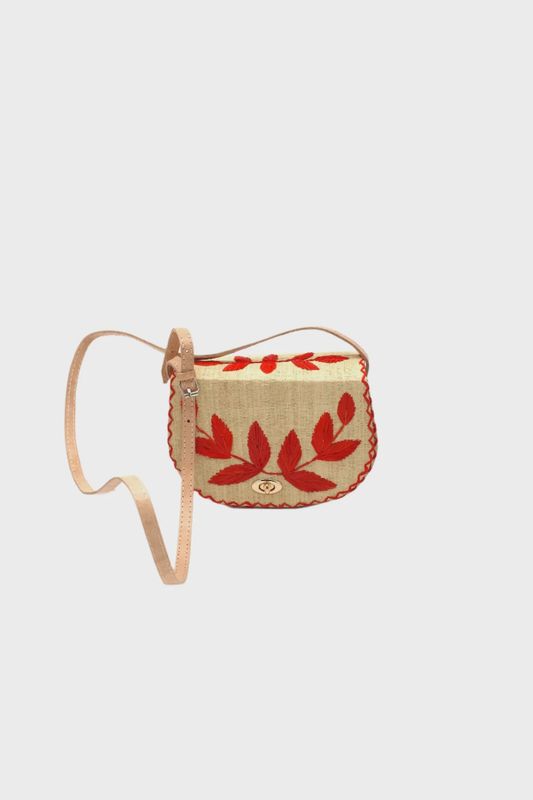 70's Embroidered Vines Straw Crossbody Bag | Natural with Coral